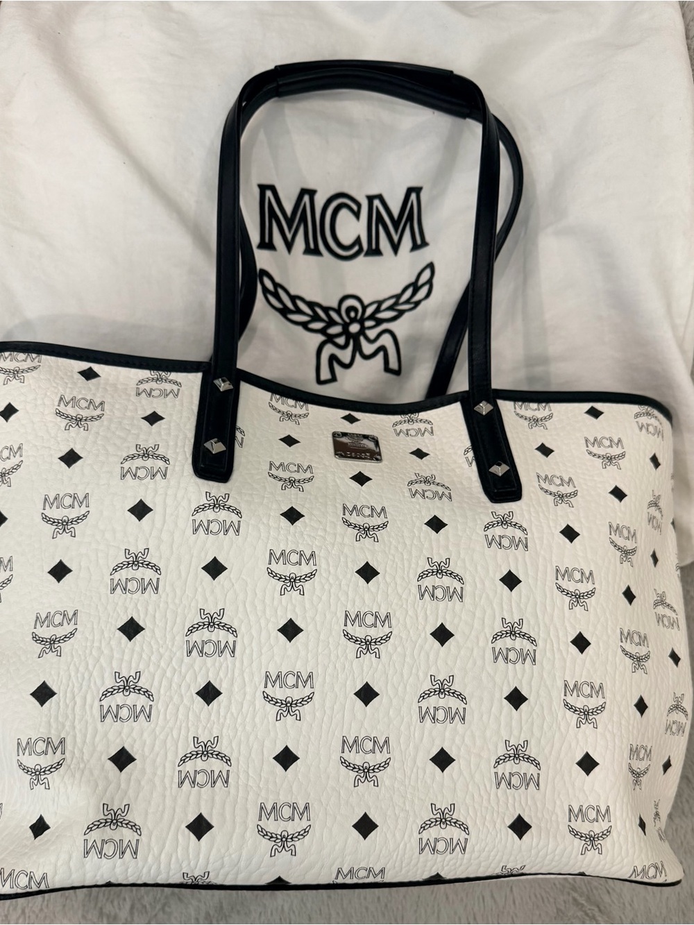 MCM White Tote with Black Logo Print and Trim